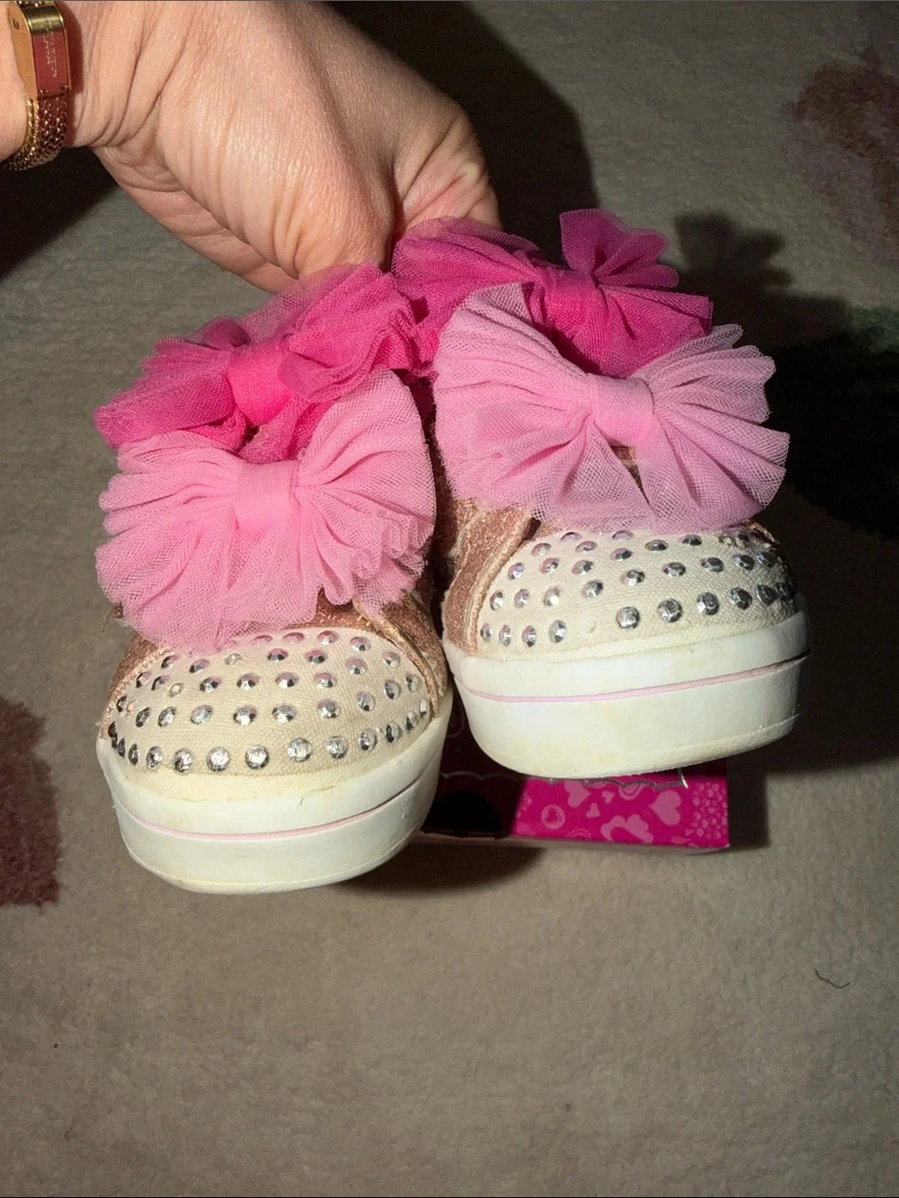 Skechers Twinkle Toes Pink Glitter Light-Up Sneakers with Tulle Flower Accents